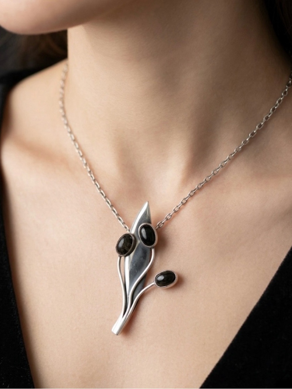 Sigi Pineda Taxco Sterling Silver Obsidian Modernist pin Design #70 14g